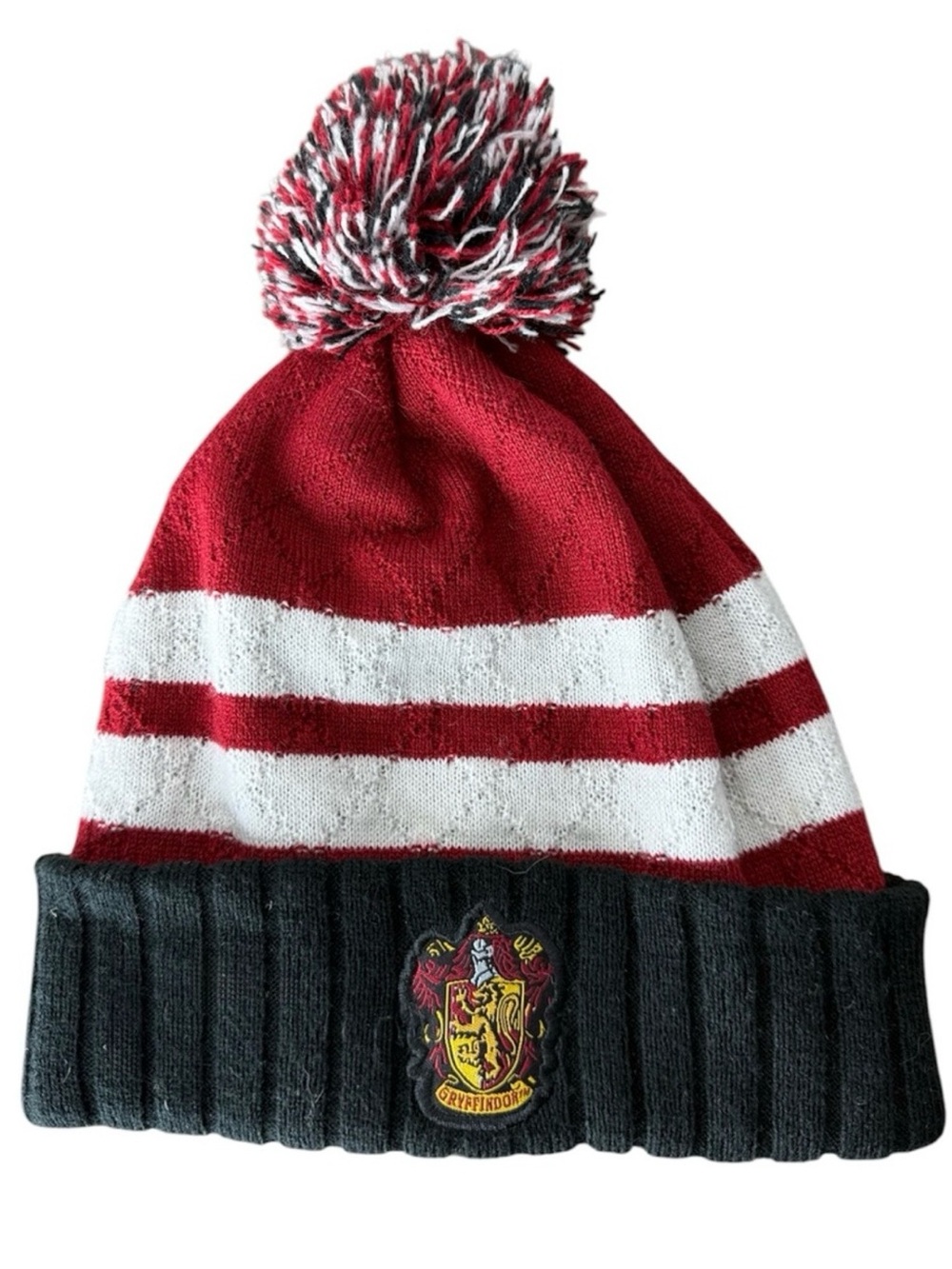 HARRY POTTER Knit Gryffindor Toque Beanie Pompom Black Red White Stripe Hogwarts